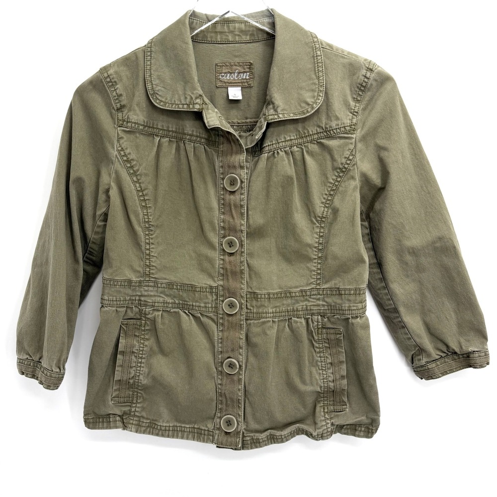 Y2K Caslon Olive Green Peplum Utility Jacket Size S Button Front 3/4 Sleeve